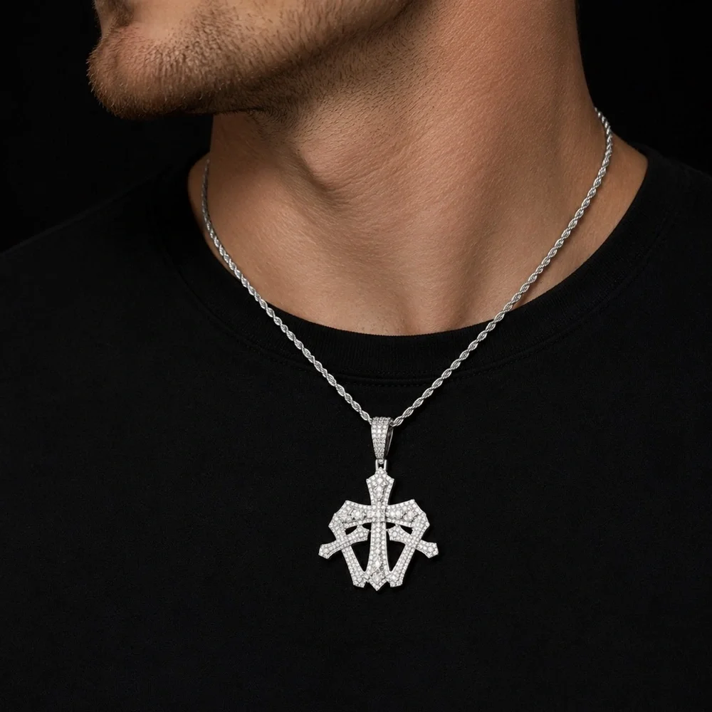 925 Sterling Silver 3.40CT ICED OUT MOISSANITE Triple Cross Men’s Pendant